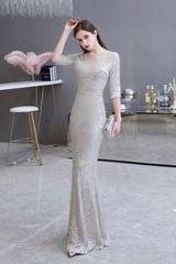 Gorgeous Silver Long Sleevess Long Prom Party Gowns-Ballbella