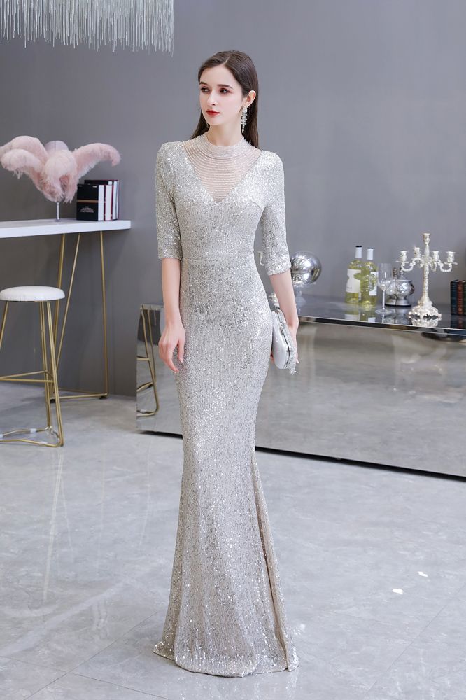 silver long sleeve dress Gorgeous Silver Long Sleevess Long Prom Party Gowns