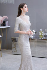 Gorgeous Silver Long Sleevess Long Prom Party Gowns-Ballbella