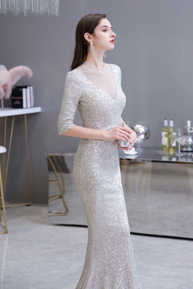 Gorgeous Silver Long Sleevess Long Prom Party Gowns-Ballbella