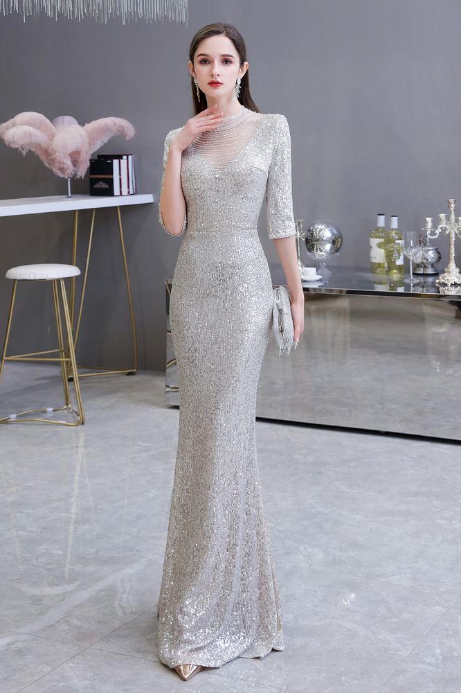 Gorgeous Silver Long Sleevess Long Prom Party Gowns-Ballbella