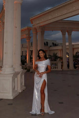 Gorgeous Silver Portrait Sleeveless Sequins Prom Dresses High Split Long On Sale-Ballbella