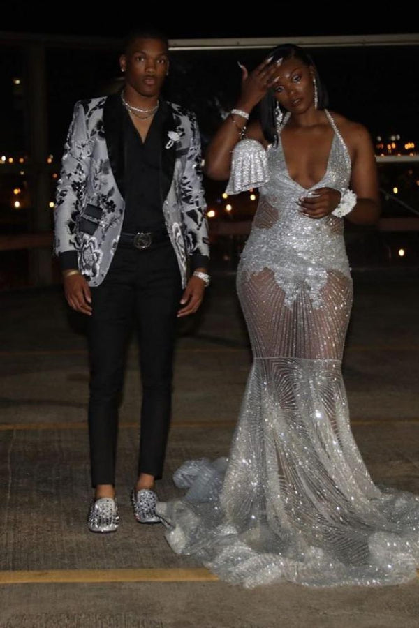 Gorgeous Silver Sequins See Through Halter Mermaid Court Train Prom Dresses-Ballbella