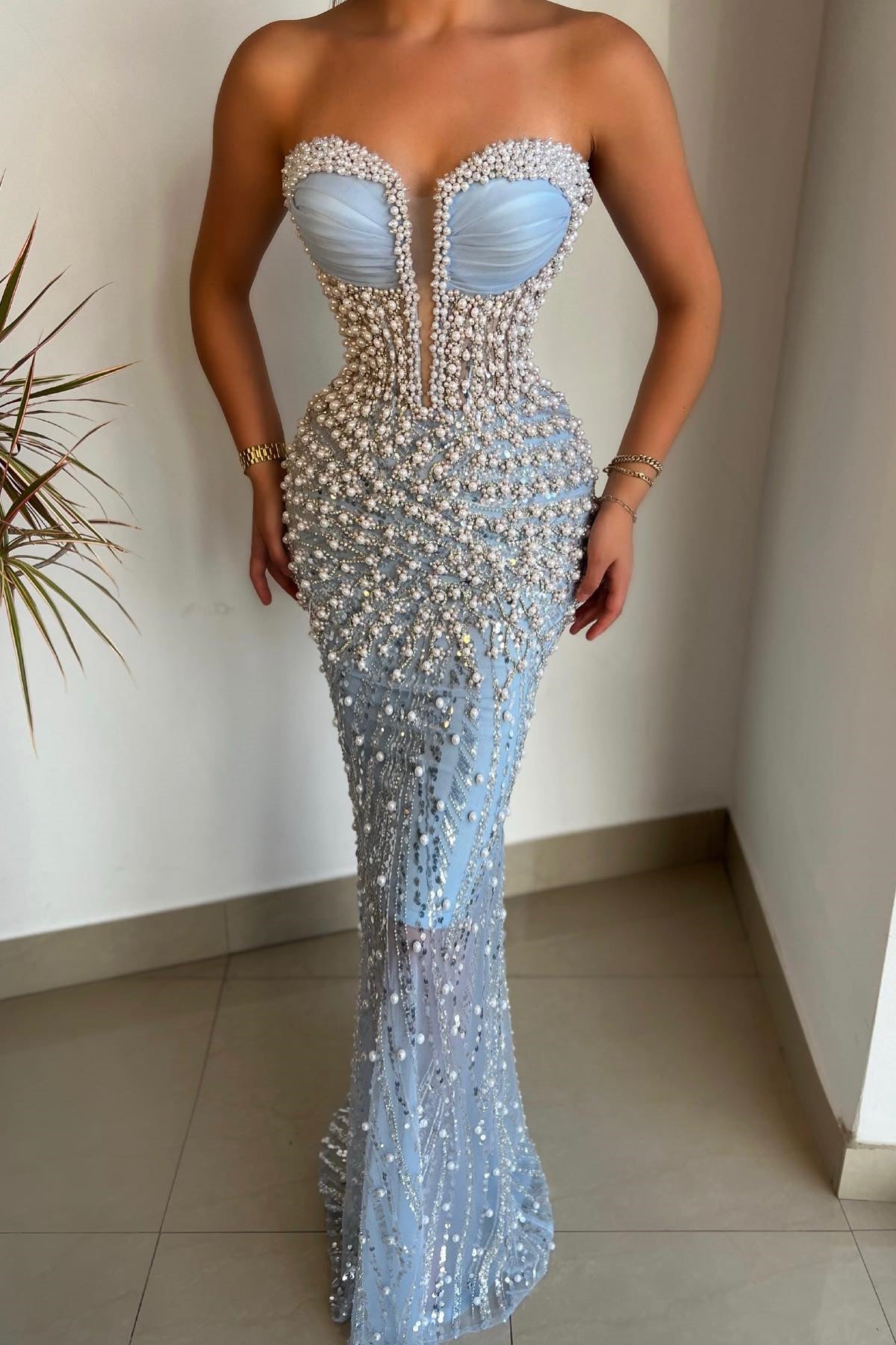 blue dress with pearls Gorgeous Sky Blue Sweetheart Pearls Prom Dress Mermaid With Beads