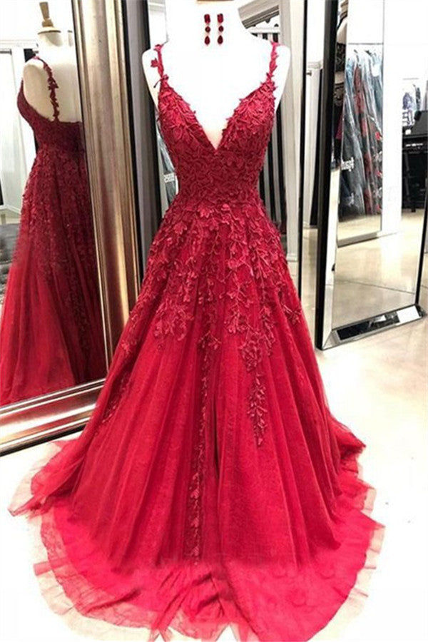 Still not know where to get your event dresses online? Ballbella offer you Gorgeous Spaghetti Strap Applique Prom Dresses Red Tulle Sleeveless Evening Dresses at factory price,  fast delivery worldwide.
