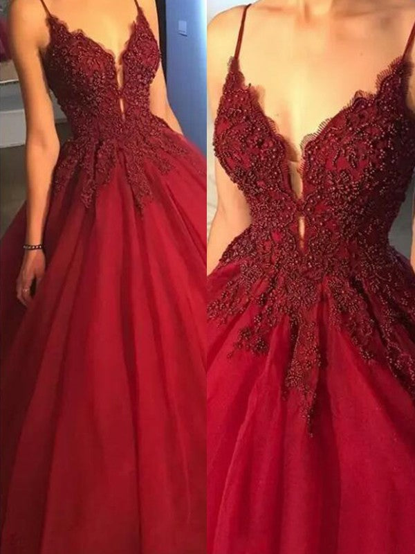 Still not know where to get your event dresses online? Ballbella offer you Gorgeous Spaghetti Strap Beads Prom Dresses Red Elegant Lace Puffy Ball Gown Evening Dresses at factory price,  fast delivery worldwide.
