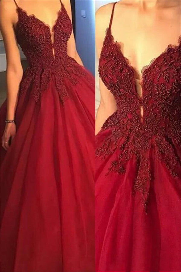 Still not know where to get your event dresses online? Ballbella offer you Gorgeous Spaghetti Strap Beads Prom Dresses Red Elegant Lace Puffy Ball Gown Evening Dresses at factory price,  fast delivery worldwide.