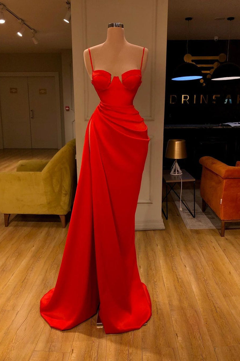 Gorgeous Spaghetti Strap Unique Round Cup High split Red Prom Dress-Ballbella