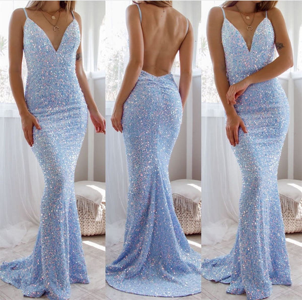 Gorgeous Spaghetti-Straps Backless Prom Dress Mermaid Sequins Sleeveless-Ballbella