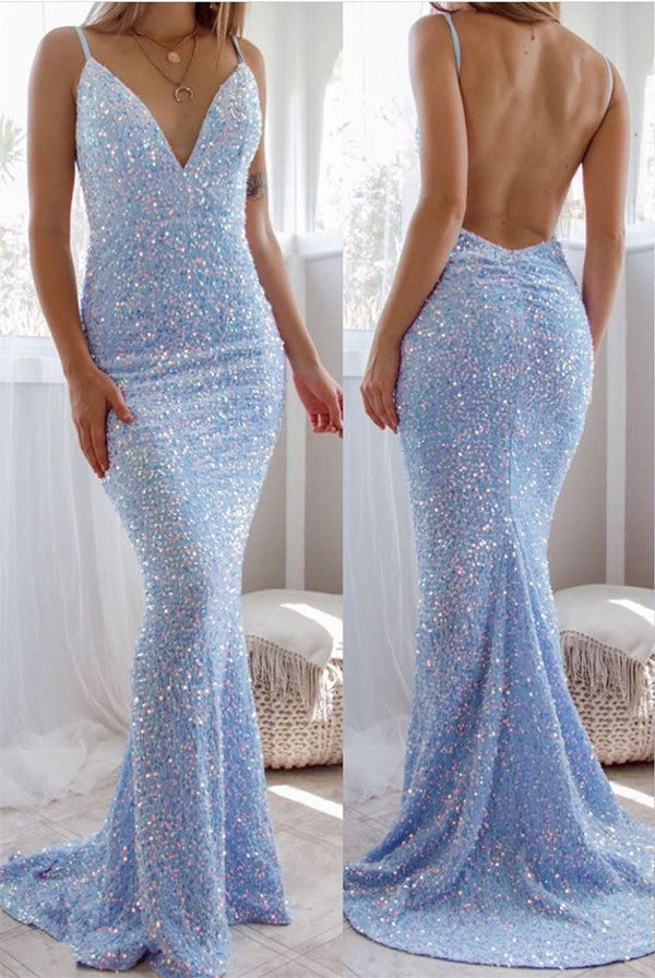 Gorgeous Spaghetti-Straps Backless Prom Dress Mermaid Sequins Sleeveless-Ballbella