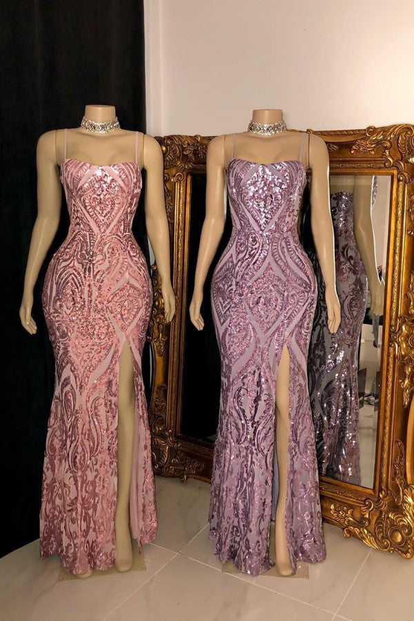 Looking for Prom Dresses, Evening Dresses, Real Model Series in Sequined,  Column style,  and Gorgeous Split Front, Sequined work? Ballbella has all covered on this elegant Gorgeous Spaghetti Straps Front Slit Sequins Mermaid Prom Dresses.