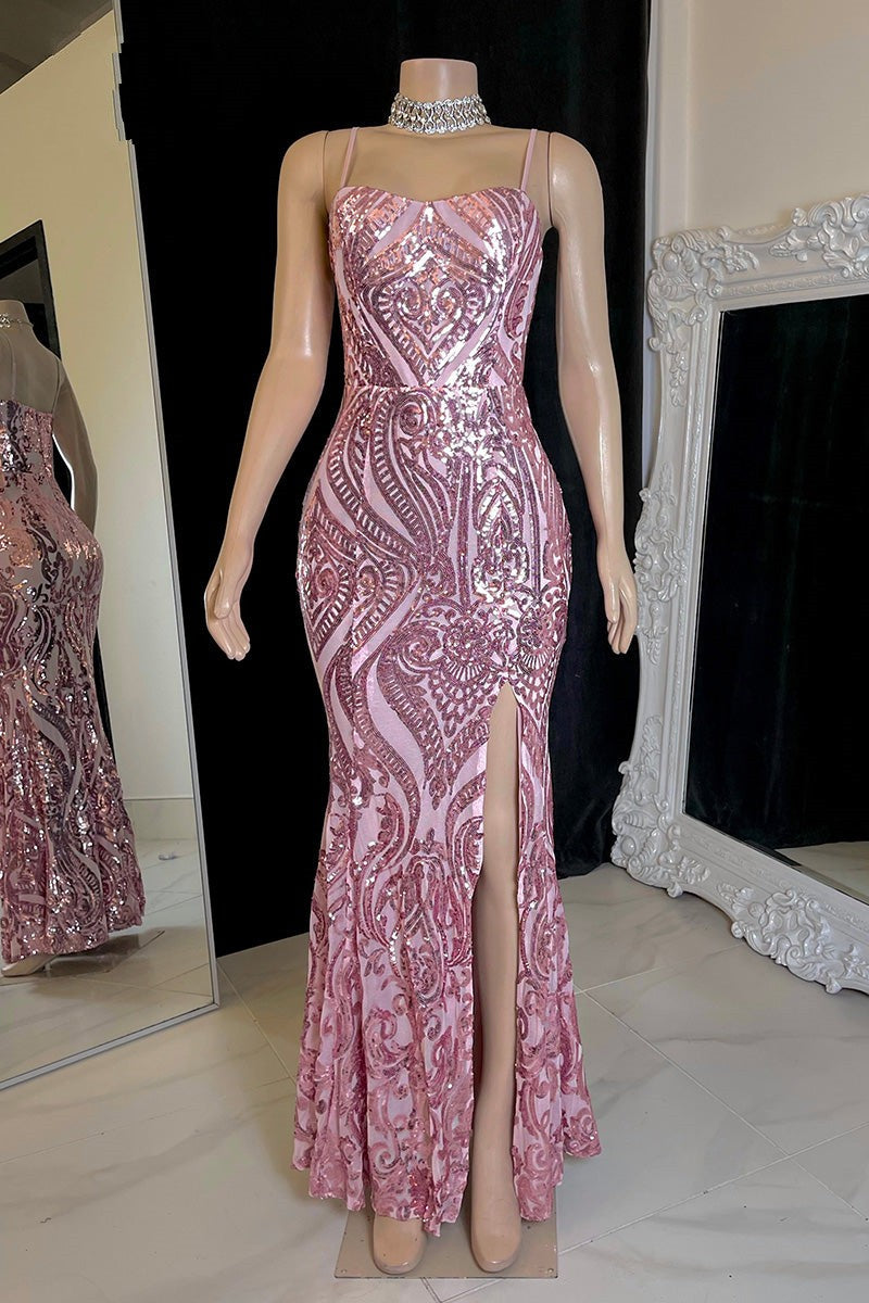Gorgeous Spaghetti-Straps Mermaid Prom Dresses Sequins Sleeveless With Slit-Ballbella
