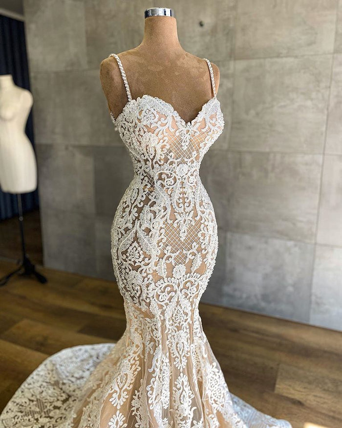spaghetti strap mermaid bridesmaid dress Gorgeous Spaghetti-Straps Mermaid Wedding Dress Lace Sleeveless