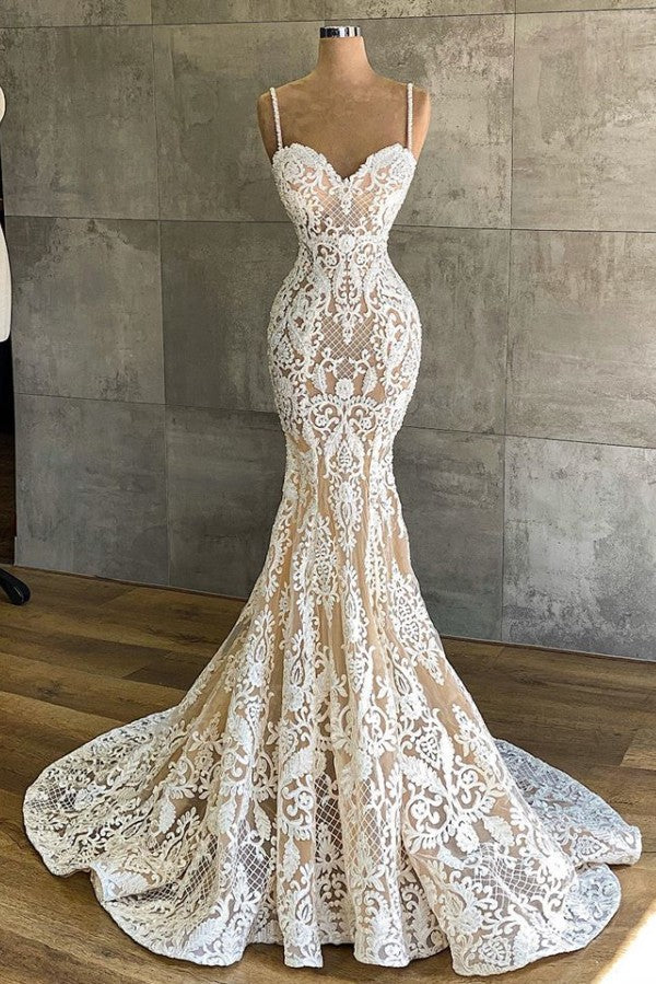 Gorgeous Spaghetti-Straps Mermaid Wedding Dress Lace Sleeveless-Ballbella