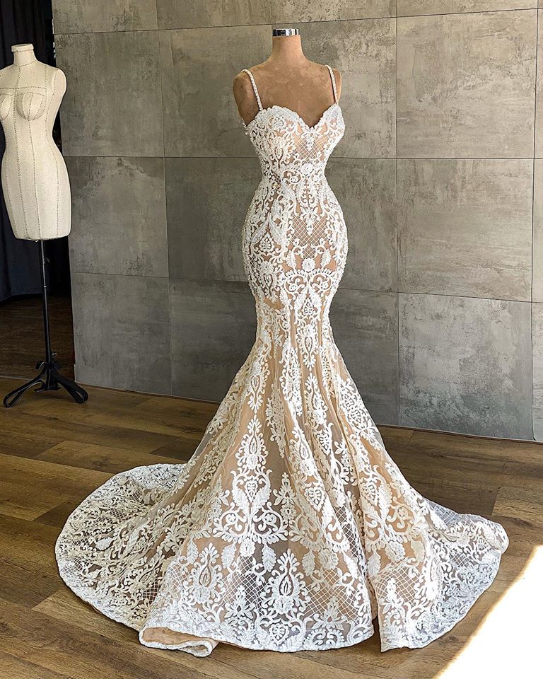 Gorgeous Spaghetti-Straps Mermaid Wedding Dress Lace Sleeveless-Ballbella