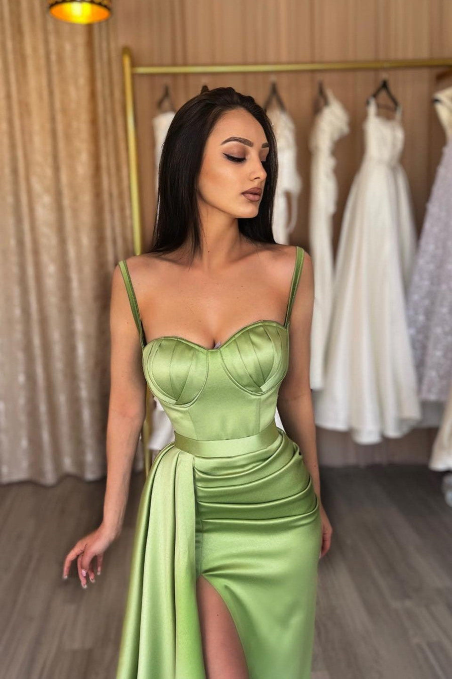 Gorgeous Spaghetti-Straps Sage Green Prom Dress Mermaid Split Long Gorgeous Spaghetti-Straps Sage Green Prom Dress Mermaid Split Long