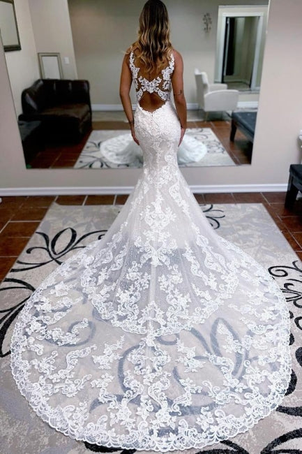 Gorgeous spaghettistraps sleeveless mermaid lace Wedding Dresses-Ballbella