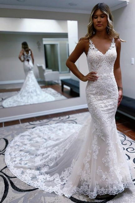 Gorgeous spaghettistraps sleeveless mermaid lace Wedding Dresses-Ballbella