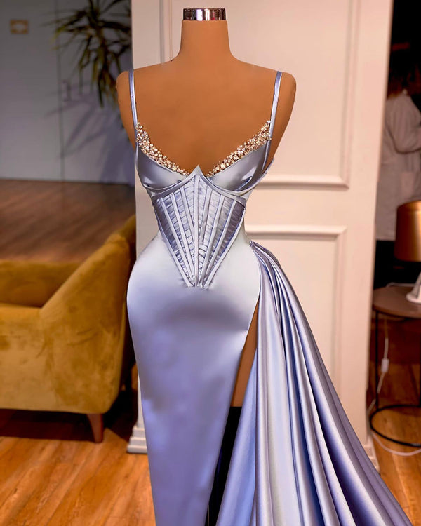 Gorgeous Split Front Sleeveless V-neck Spaghetti Strap Prom Dress-Ballbella