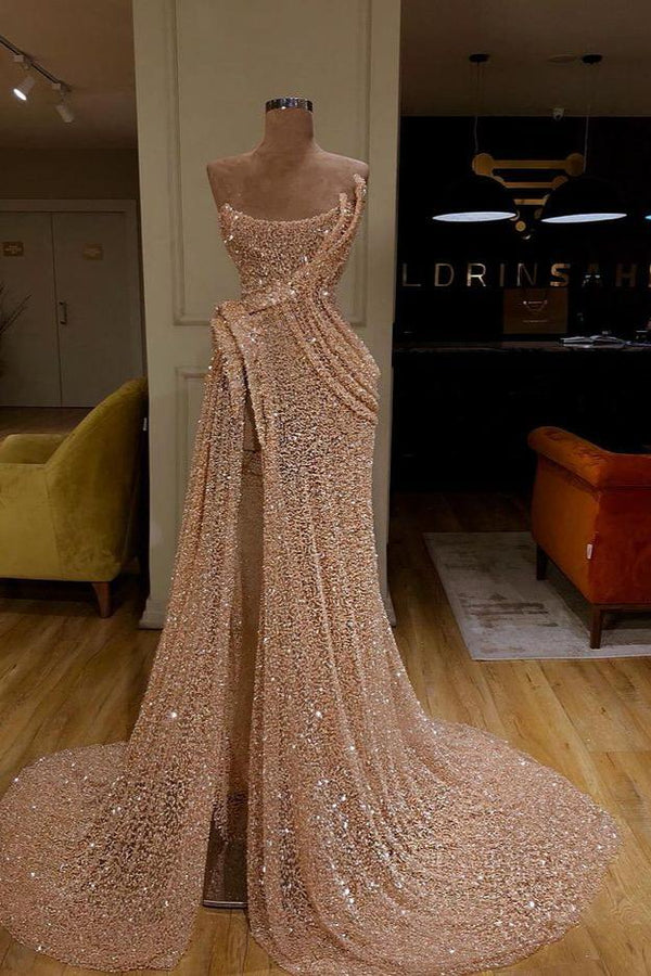 Gorgeous Starpless Sequins Mermaid Prom Dress Long With Slit-Ballbella
