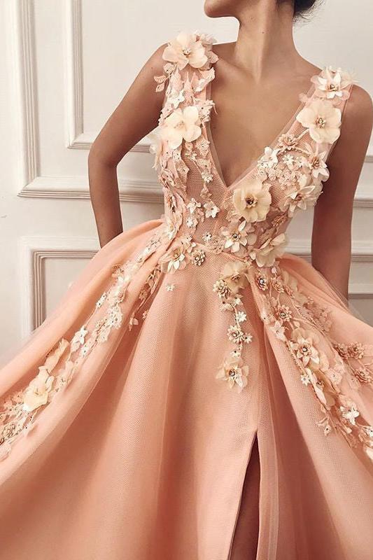 Gorgeous Straps V-Neck Flower Appliques A-Line Prom Party Gowns-Ballbella