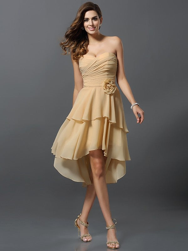 Gorgeous Sweetheart Hand-Made Flower Sleeveless High Low Chiffon Bridesmaid Dresses-Ballbella