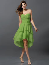 Gorgeous Sweetheart Hand-Made Flower Sleeveless High Low Chiffon Bridesmaid Dresses-Ballbella