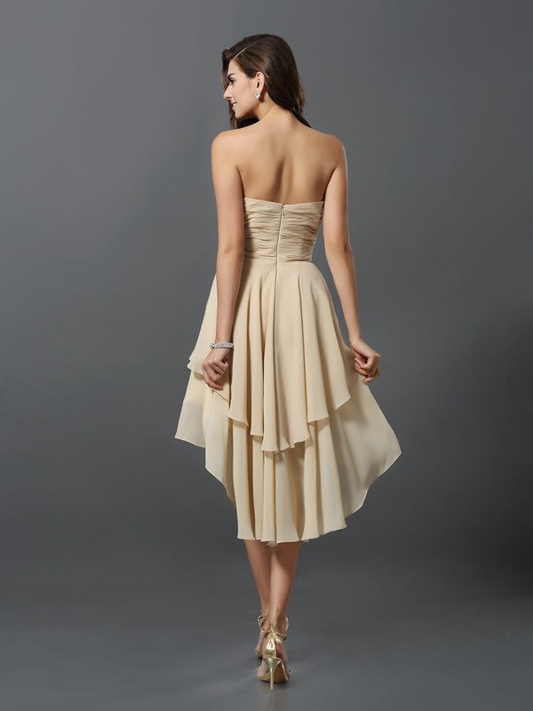 Gorgeous Sweetheart Hand-Made Flower Sleeveless High Low Chiffon Bridesmaid Dresses-Ballbella