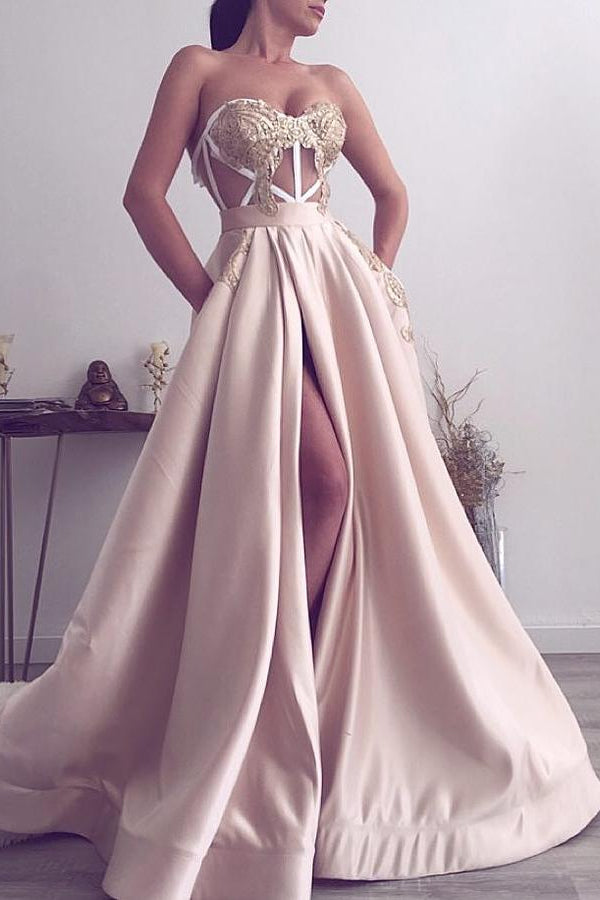 Gorgeous Sweetheart Long Prom Dress Slit Evening Gowns Appliques-Ballbella