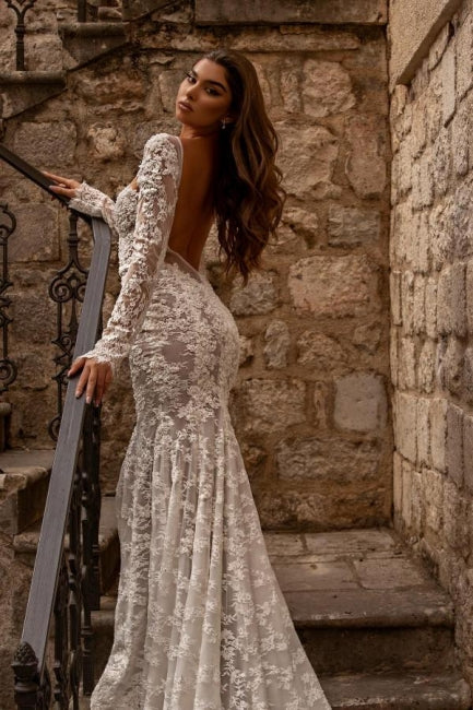 Gorgeous sweetheart longsleeves mermaid lace Wedding Dresses-Ballbella