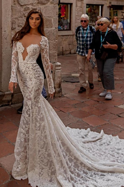 Gorgeous sweetheart longsleeves mermaid lace Wedding Dresses-Ballbella