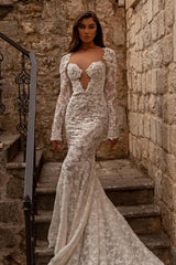 Gorgeous sweetheart longsleeves mermaid lace Wedding Dresses-Ballbella