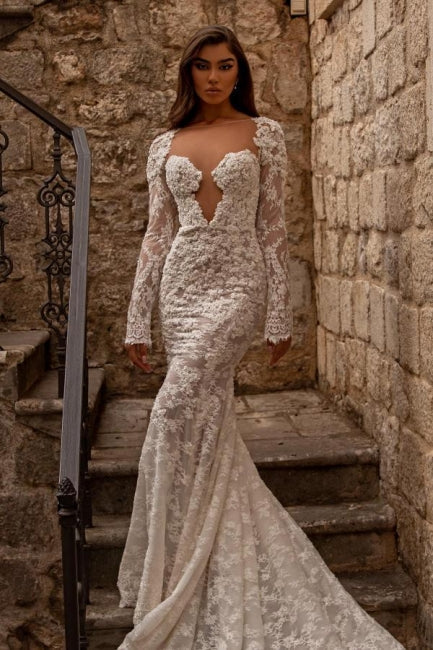 Gorgeous sweetheart longsleeves mermaid lace Wedding Dresses-Ballbella