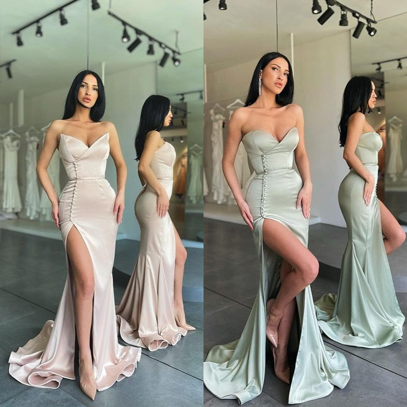 prom dress seaham Strapless Sheer Bustier-Inspired Bodice Side Slit Long Prom Dress