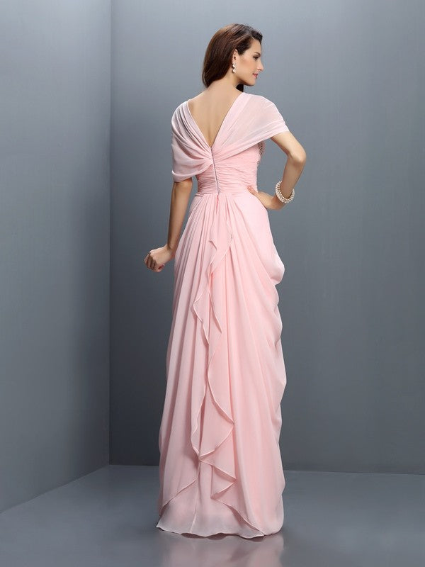 Gorgeous Sweetheart Pleats Short Sleeves Long Chiffon Bridesmaid Dresses-Ballbella
