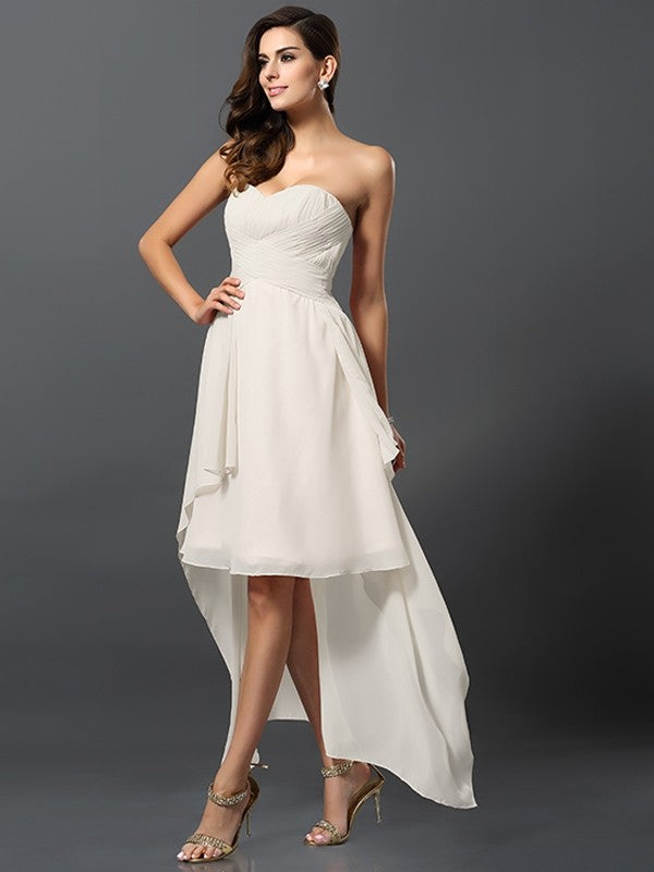 Gorgeous Sweetheart Pleats Sleeveless High Low Chiffon Bridesmaid Dresses-Ballbella