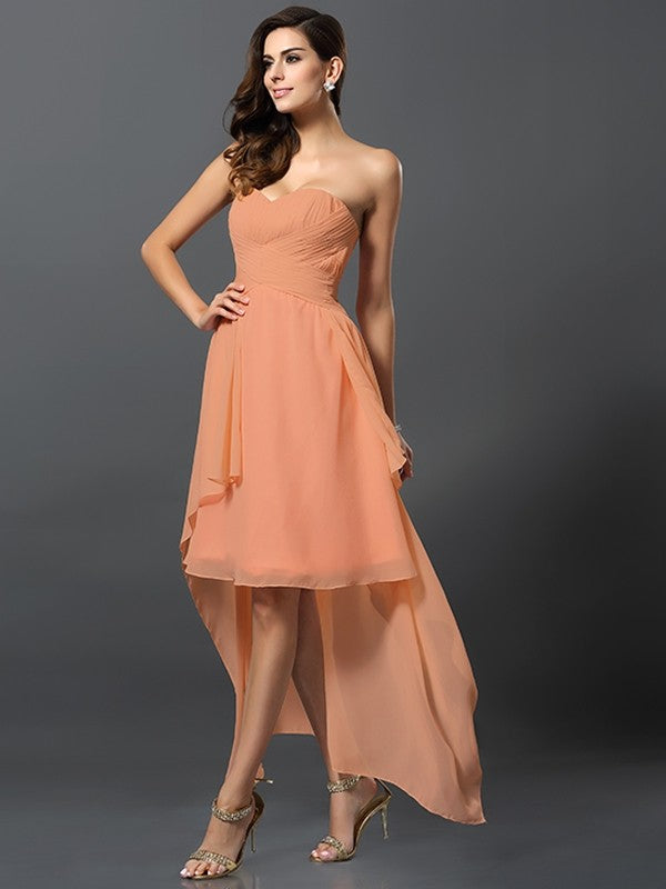 Gorgeous Sweetheart Pleats Sleeveless High Low Chiffon Bridesmaid Dresses-Ballbella