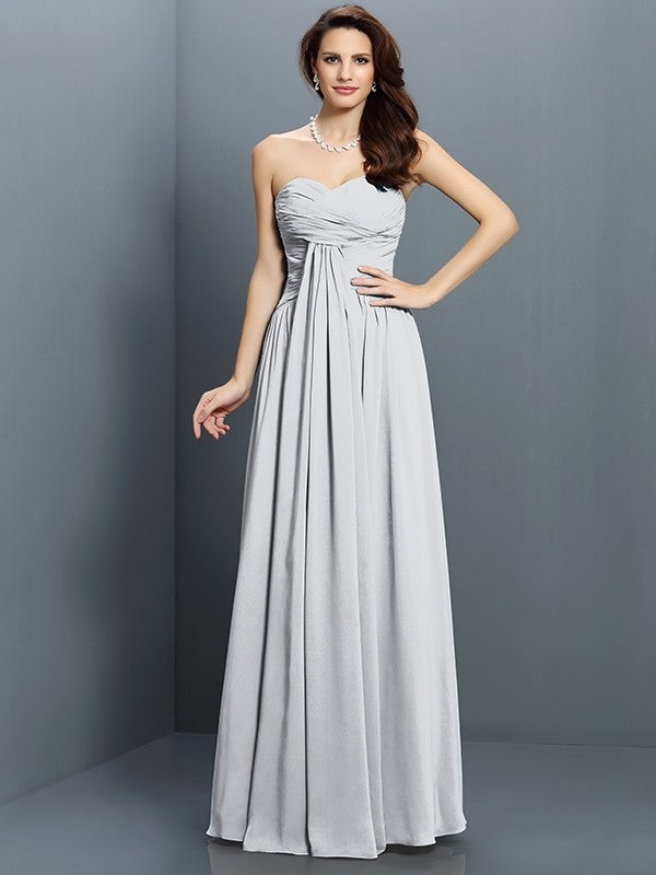A-Line Charming Sweetheart Pleats Sleeveless Long Satin Bridesmaid Dresses