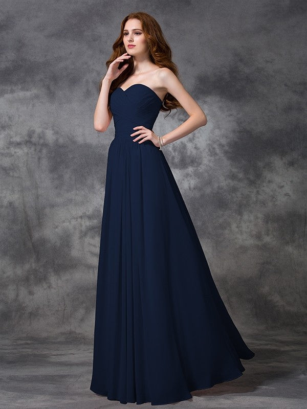 Gorgeous Sweetheart Sleeveless Ruched Long Chiffon Bridesmaid Dresses-Ballbella
