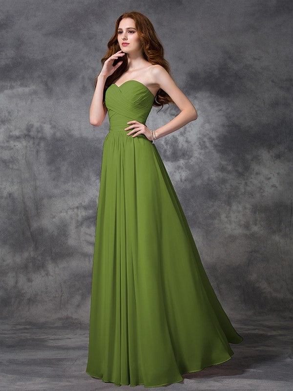 Gorgeous Sweetheart Sleeveless Ruched Long Chiffon Bridesmaid Dresses-Ballbella