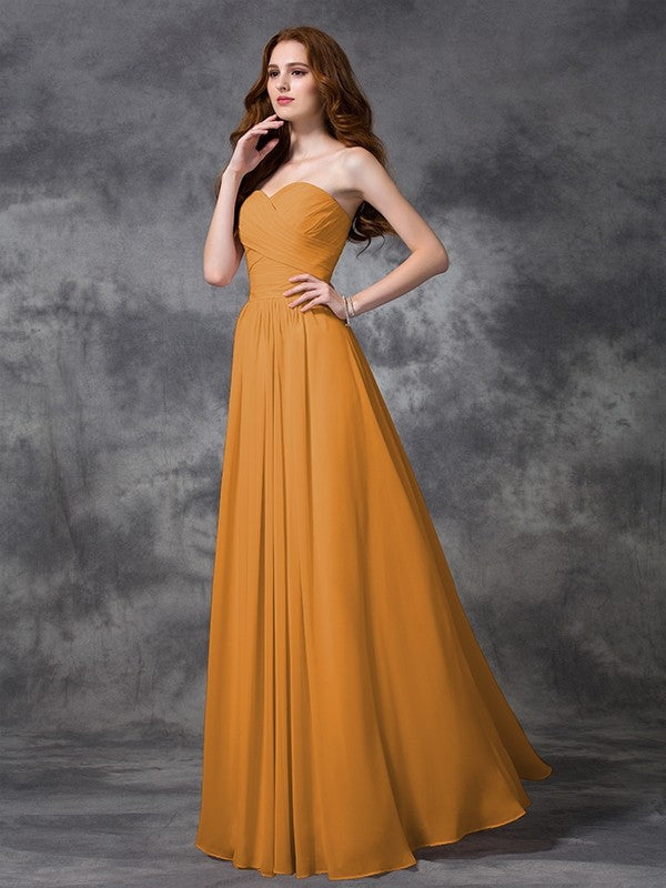 Gorgeous Sweetheart Sleeveless Ruched Long Chiffon Bridesmaid Dresses-Ballbella