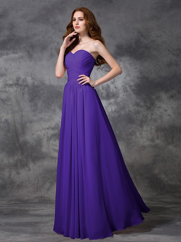 Gorgeous Sweetheart Sleeveless Ruched Long Chiffon Bridesmaid Dresses-Ballbella