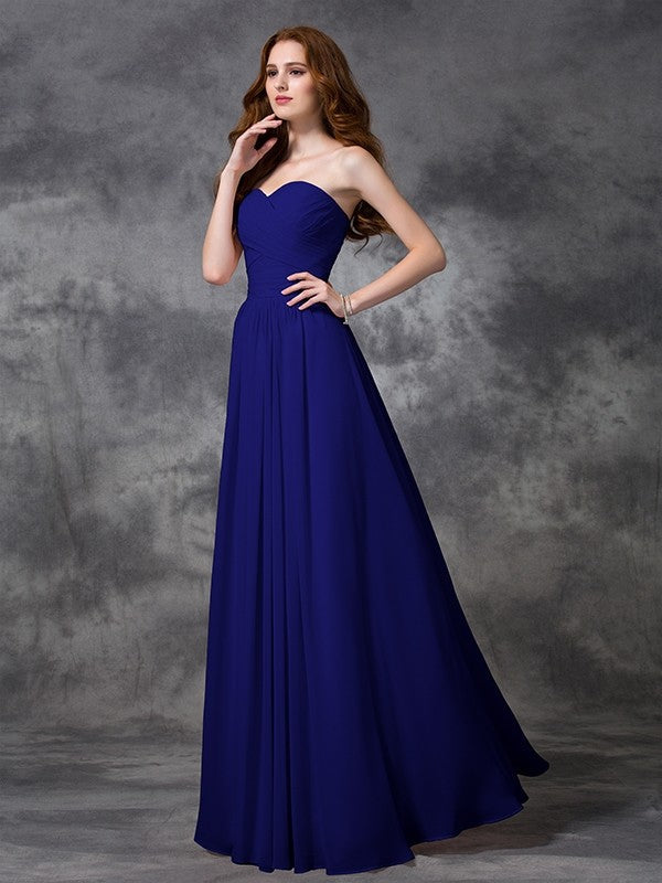Gorgeous Sweetheart Sleeveless Ruched Long Chiffon Bridesmaid Dresses-Ballbella
