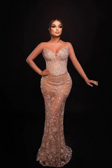 Gorgeous Sweetheart Sparkle Silver Appliques Mermaid Champange Prom Dresses-Ballbella