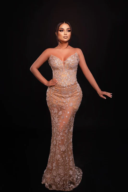 Gorgeous Sweetheart Sparkle Silver Appliques Mermaid Champange Prom Dresses-Ballbella