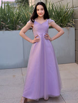 Gorgeous Tulle Ruched V-neck Short Sleeves Junior/Girls Bridesmaid Dresses-Ballbella
