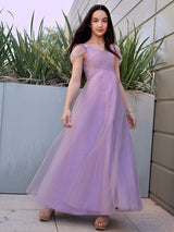 Gorgeous Tulle Ruched V-neck Short Sleeves Junior/Girls Bridesmaid Dresses-Ballbella