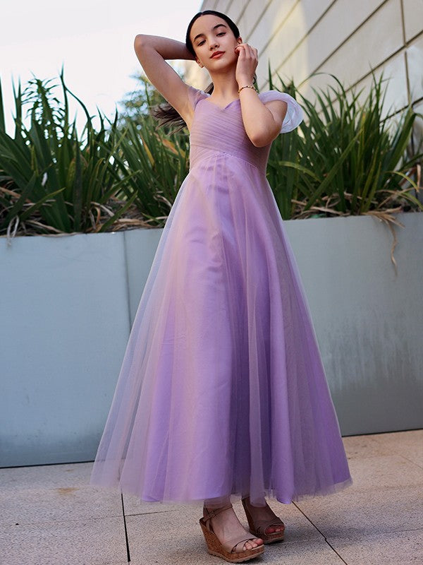 Gorgeous Tulle Ruched V-neck Short Sleeves Junior/Girls Bridesmaid Dresses-Ballbella