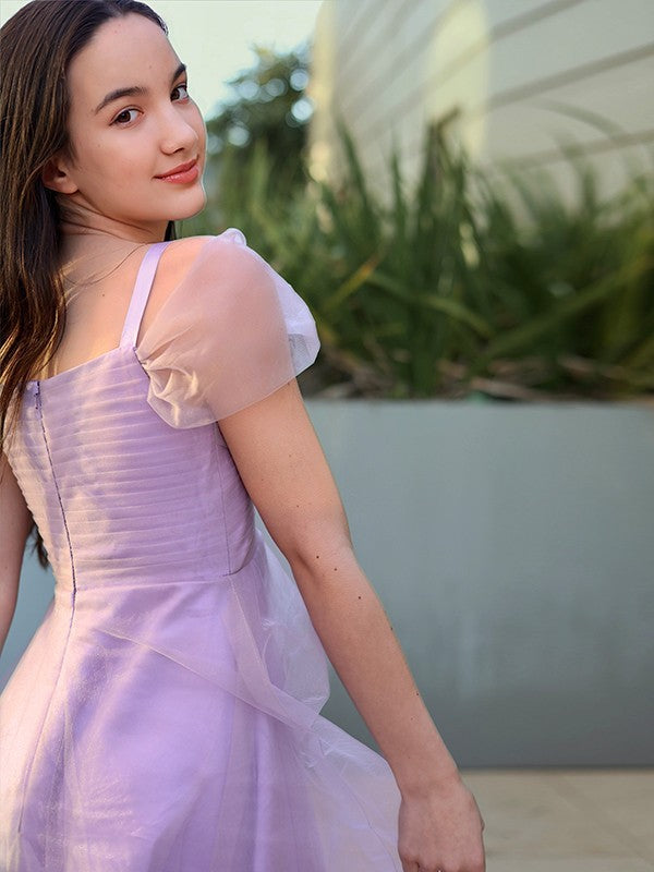 Gorgeous Tulle Ruched V-neck Short Sleeves Junior/Girls Bridesmaid Dresses-Ballbella