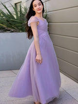 A-Line Charming Tulle Ruched V-neck Short Sleeves Junior/Girls Bridesmaid Dresses